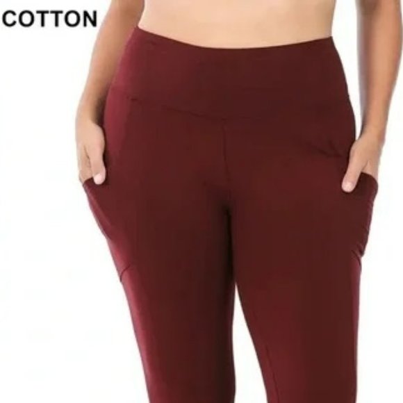 W/Pockets DARK-BURGUNDY Plus Size Premium Cotton Waistband Leggings - Picture 2 of 5
